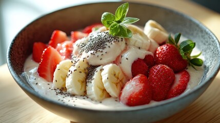 A healthy bowl featuring yogurt layered with fresh strawberries, bananas, and chia seeds for a delightful and nutritious breakfast or snack option, visually appealing.
