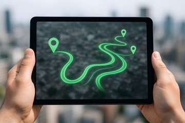 Digital tablet displaying a winding route with location markers.