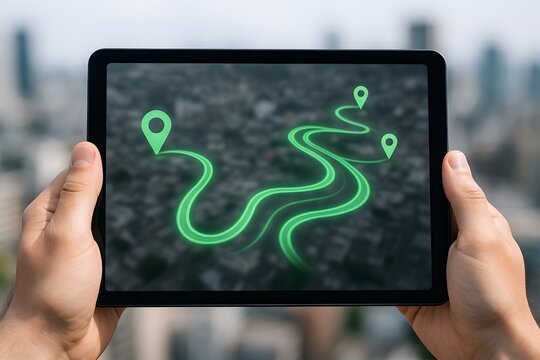 Digital tablet displaying a winding route with location markers.
