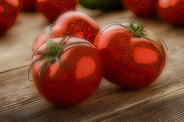 a few tomatoes, one whole and one sliced in half, are depicted with green stems.