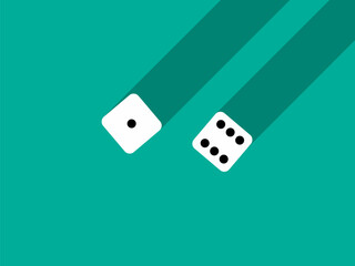 A pair of dice with numbers 1 and 6. Craps dice pair on a green table with a long shadow, top view. Casino dice game. Design for applications, banners, booklets, covers. Vector illustration