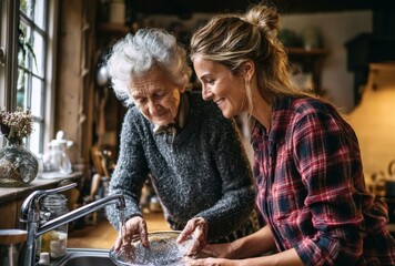 Elderly women washing dishes together in a kitchen