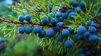 Vibrant juniper berries and leaves in rain-kissed close-up nature scene