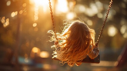 Young caucasian child with long blonde hair swinging outdoors at sunset