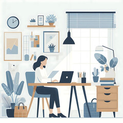  flat vector of a woman working on a laptop in a minimalist home office setup, clean white background, Scandinavian-style decor