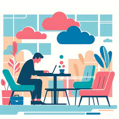 Minimalist vector illustration of a man with a laptop in a cafe environment, sitting at a table in coffee shop