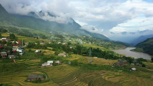 Old houses in the middle of green and golden rice terraces, in Asia, Vietnam, Tonkin, Sapa, near Lao Cai, in summer, on a sunny day.&nbsp;