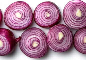 Sliced Red Onions with Circular Patterns and Smooth Texture on a White Surface for Culinary and Cooking Themes