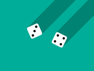 A pair of dice with numbers 3 and 4. Craps dice pair on a green table with a long shadow, top view. Casino dice game. Design for applications, banners, booklets, covers. Vector illustration