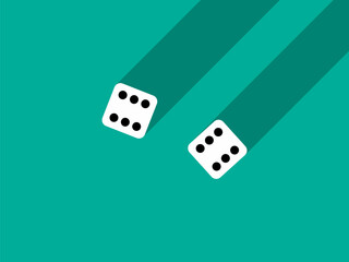 A pair of dice with numbers 6 and 6. Craps dice pair on a green table with a long shadow, top view. Casino dice game. Design for applications, banners, booklets, covers. Vector illustration