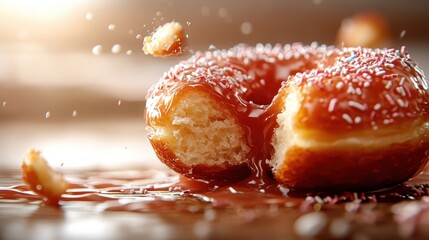 A tempting donut coated with glossy cherry glaze and bits of sprinkles, showcasing its inviting texture and mouthwatering appeal against a bright backdrop.