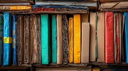 Stacked colorful books in cardboard boxes