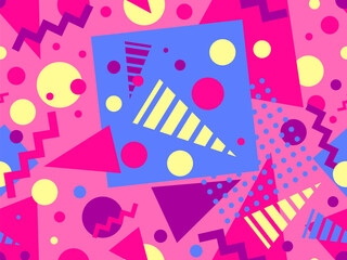 Geometric seamless pattern with memphis elements in 80s style. Colorful pattern with different geometric shapes. Design for packaging, covers, wrapping and promotional products. Vector illustration