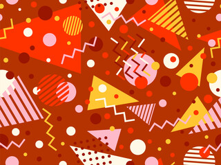 Geometric seamless pattern with memphis elements in 80s style. Colorful pattern with different geometric shapes. Design for packaging, covers, wrapping and promotional products. Vector illustration