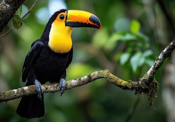 Obraz premium Vibrant and Colorful Toucan Perched on Branch Surrounded by Lush Greenery in a Tropical Forest Habitat