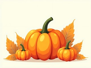 an image of a group of pumpkins with leaves on a white background, there is a large pumpkin and two smaller pumpkins on the ground