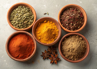 Colorful Spices in Terracotta Bowls on a Gray Surface