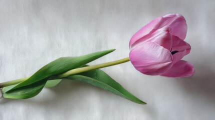 Obraz premium Single pink tulip lying on textured white background with green leaves