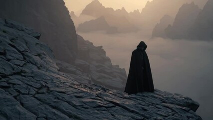 Mysterious hooded figure traverses rocky mountain terrain at dawn