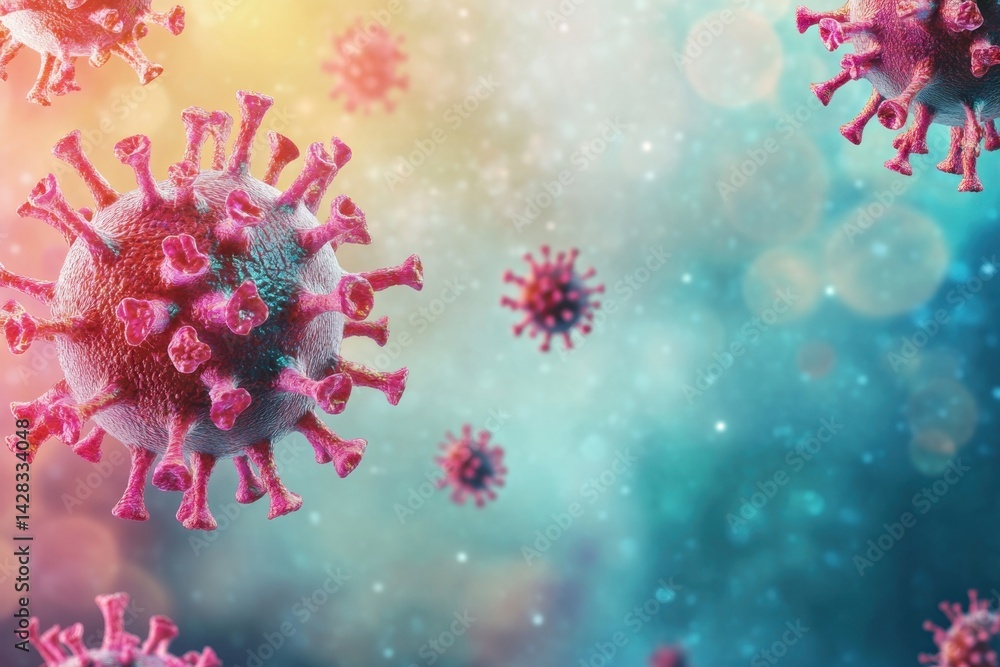 Poster virus particles floating in a colorful abstract background showcasing microscopic details
