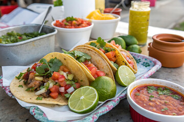 Delicious street tacos with vibrant toppings and fresh lime.