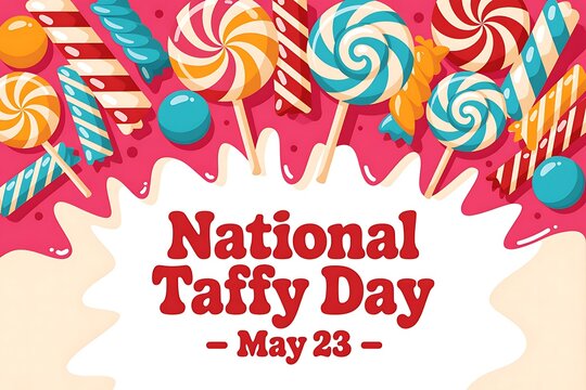 Celebrate National Taffy Day May 23rd with a delightful array of colorful swirls stripes and sweet treats A vibrant graphic design featuring lollipops and candy on a pink background