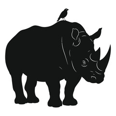 Rhino standing on white background in a wildlife setting with a large horn and gray silhouette