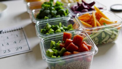 Transparent plastic containers holding chopped vegetables, diced salmon, and cooked buckwheat arranged on white table with calendar, representing professional meal preparation by nutritionist