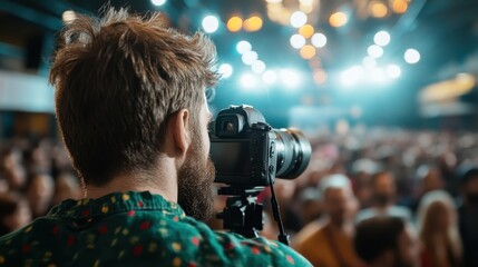 A focused photographer captures the essence of a live event, framed by vibrant lights and an enthusiastic crowd, creating a dynamic atmosphere full of energy and emotion.
