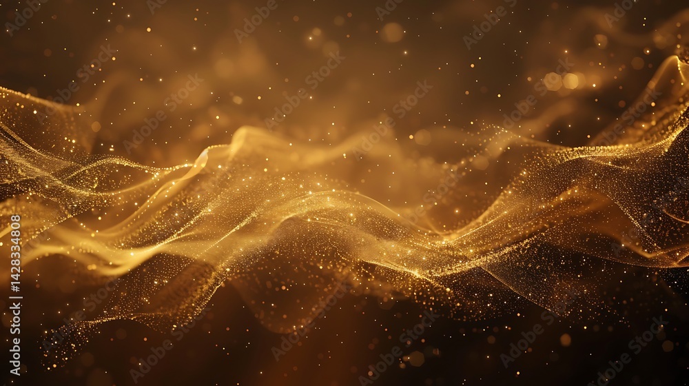 Aufkleber abstract flowing wave of golden particles and dust against a dark background with bokeh effects. ele