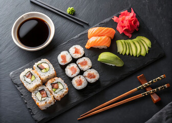 Delicious Variety of Sushi Rolls and Sashimi on a Dark Slate Plate