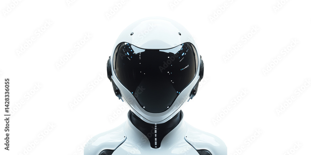 Poster futuristic robot helmet with black visor. advanced technology and ai innovation concept isolated on 