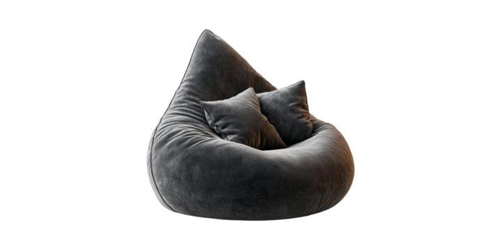 Luxurious Black Bean Bag Chair With Cushions. Modern Comfort And Relaxation Furniture Isolated On Transparent Background