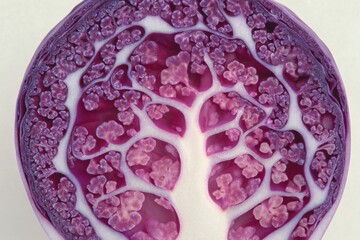 Obraz premium A close-up cross-section of a vibrant red cabbage, showcasing its intricate internal structure and vivid colors, ideal for illustrating healthy eating and vegetable textures.