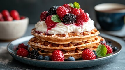 A delicious stack of fluffy waffles topped with whipped cream, fresh raspberries, blackberries, and blueberries, creating a vibrant and appetizing breakfast scene.