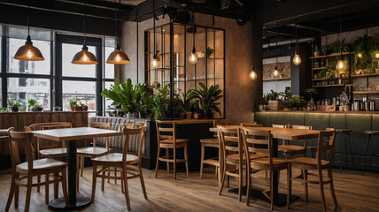 Fototapeta premium stylish industrial cafe design featuring hanging pendant lights polished wooden tables chairs and plants placed on brick wall decor premium cafe and kitchen interior design