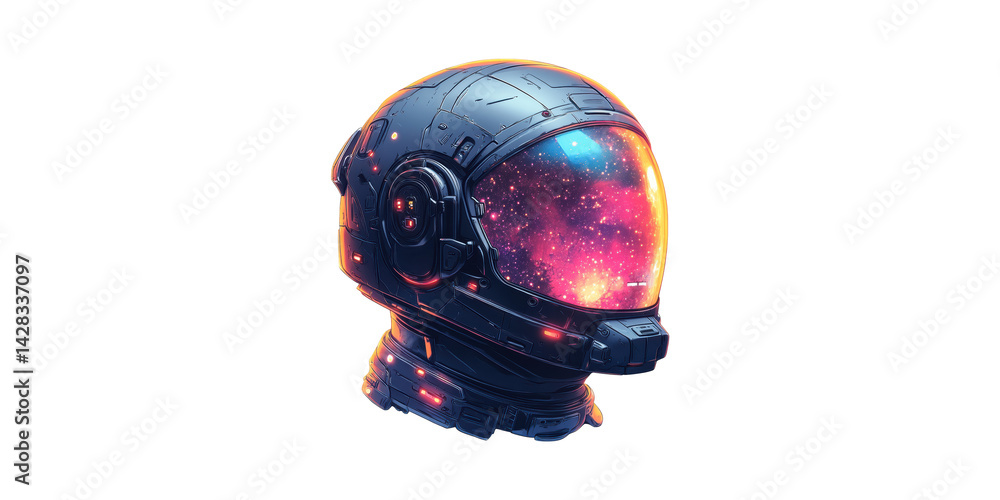 Poster futuristic astronaut helmet with cosmic reflection. space exploration and sci-fi concept isolated on