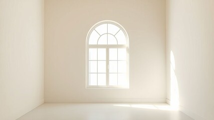 Fototapeta premium Sunlight streams through arched window in minimalist empty room interior design