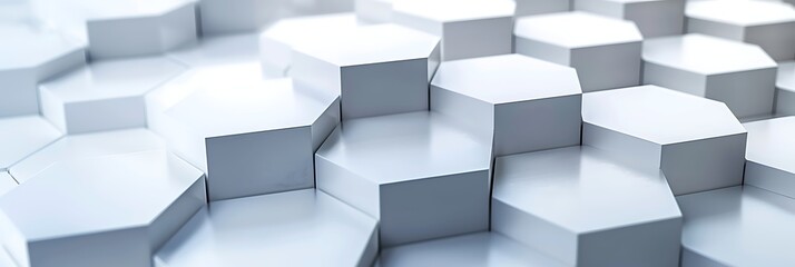 Abstract background of clean white hexagonal blocks arranged at varying heights. Minimalist geometric surface representing structure and technology.
