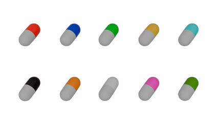 Lots of colorful pills on a transparent background. An angle view.