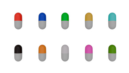 Lots of colorful pills on a transparent background. Front view.