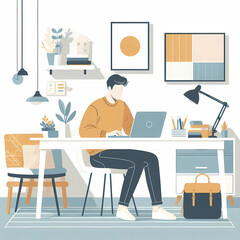 flat vector illustration of a man working on a laptop in a minimalist home office setup, clean white background, neutral tones, Scandinavian-style decor