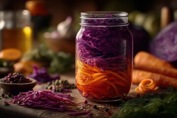 A colorful jar of fermented red cabbage and carrots, brimming with wholesome goodness, promising a healthy and delicious addition to any meal or snack.