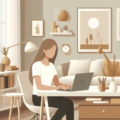 flat vector of a woman working on a laptop in a minimalist home office setup, with white background, Scandinavian-style decor