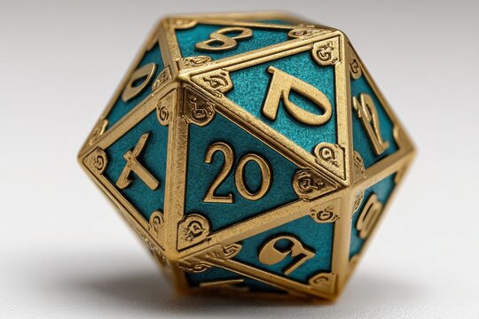 A beautifully crafted, teal and gold 20-sided die for tabletop role-playing games, illuminated to emphasize texture and detail. Perfect for Dungeons and Dragons.