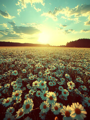Serene sunset over a vast field of daisies.  A picturesque landscape bathed in warm, golden light, perfect for nature, travel, and idyllic themes. Ideal for calendars, websites, and greeting cards.