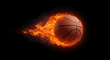 Obraz premium A dynamic shot of a basketball engulfed in vibrant flames and smoke, speeding across a stark black background.