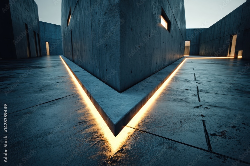 Poster architectural design of illuminated concrete structures with modern aesthetic, featuring sharp edges