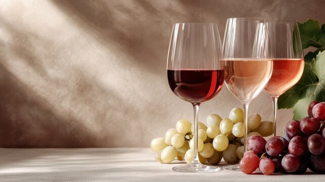 An artistic arrangement of three wine glasses filled with red, rosé, and white wine, alongside clusters of green and red grapes, evokes a sense of sophistication and warmth.