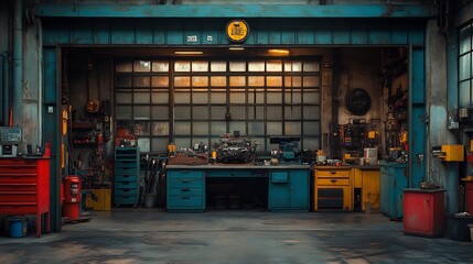 Hdr image of engine rebuild in a clean minimalist workshop setup